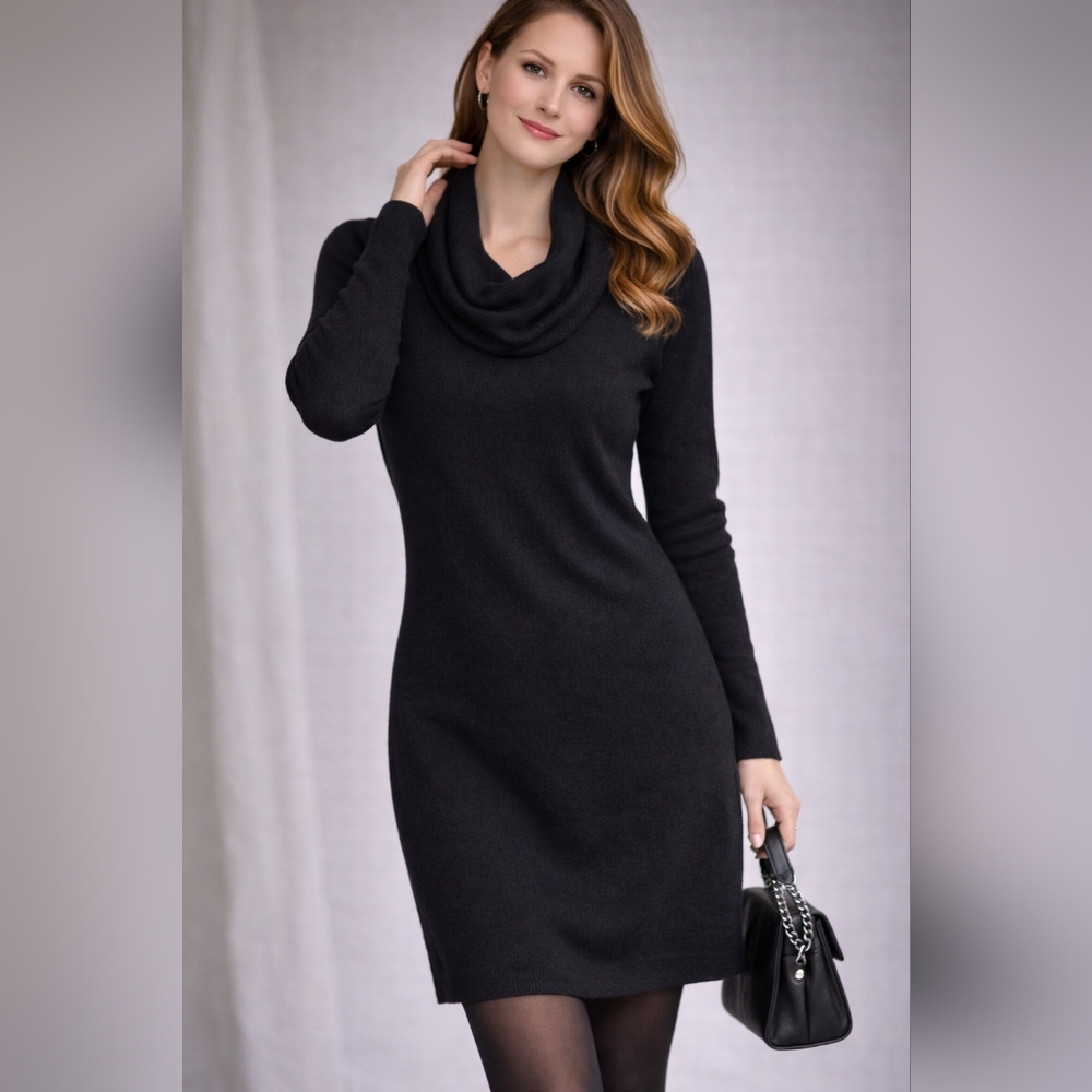 Adagio Black Cowl Neck Sweater Dress 40 wool blend